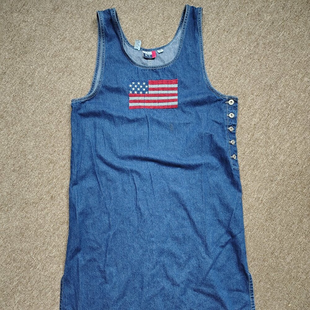 Vintage J.L.N.Y Sport Denim Dress Women's XL Blue American Flag 100% Cotton